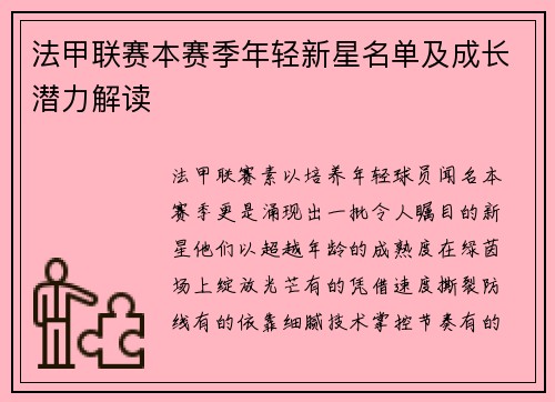 法甲联赛本赛季年轻新星名单及成长潜力解读